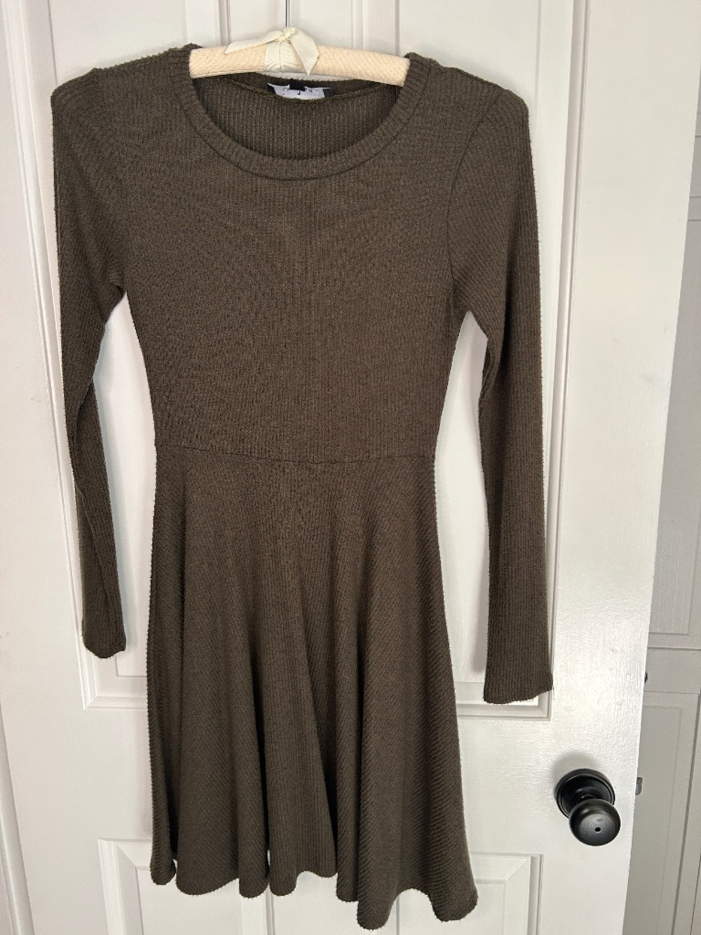 Lulus Fit and Fair Olive Green Ribbed Knit Long Sleeve Skater Dress - Small